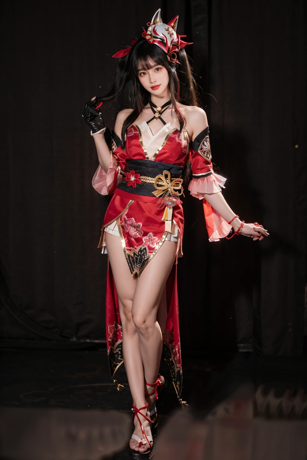best quality, masterpiece, realistic, photorealistic, 1girl, solo, looking at viewer, smile, long black hair, bangs, standing, full body, sparkle cosplay costume, cosplay, twintails, dress, detached sleeves, bell, single glove, hair ornament, bare shoulders, sandals, fox mask, mask on head, simple background, <lora:Honkai_StarRail_Sparkle_costplay_costume_v1:0.7>