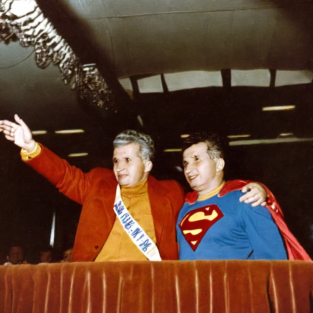 Nicolae Ceausescu, NC1, (wearing superman outfit:1.1), save the world <lora:Ceausescu:1>
