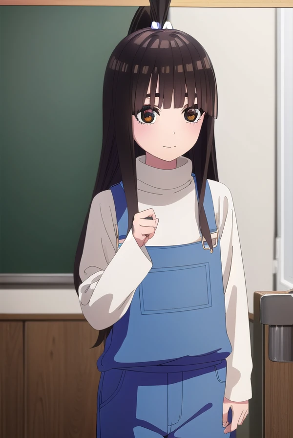 raihauesugi, <lora:raiha uesugi s2-lora-nochekaiser:1>, 
raiha uesugi, long hair, bangs, black hair, (brown eyes:1.5), ponytail, blunt bangs, smile,
BREAK shirt, white shirt, pants, overalls,
BREAK indoors, classroom,
BREAK looking at viewer, (cowboy shot:1.5),
BREAK <lyco:GoodHands-beta2:1>, (masterpiece:1.2), best quality, high resolution, unity 8k wallpaper, (illustration:0.8), (beautiful detailed eyes:1.6), extremely detailed face, perfect lighting, extremely detailed CG, (perfect hands, perfect anatomy),