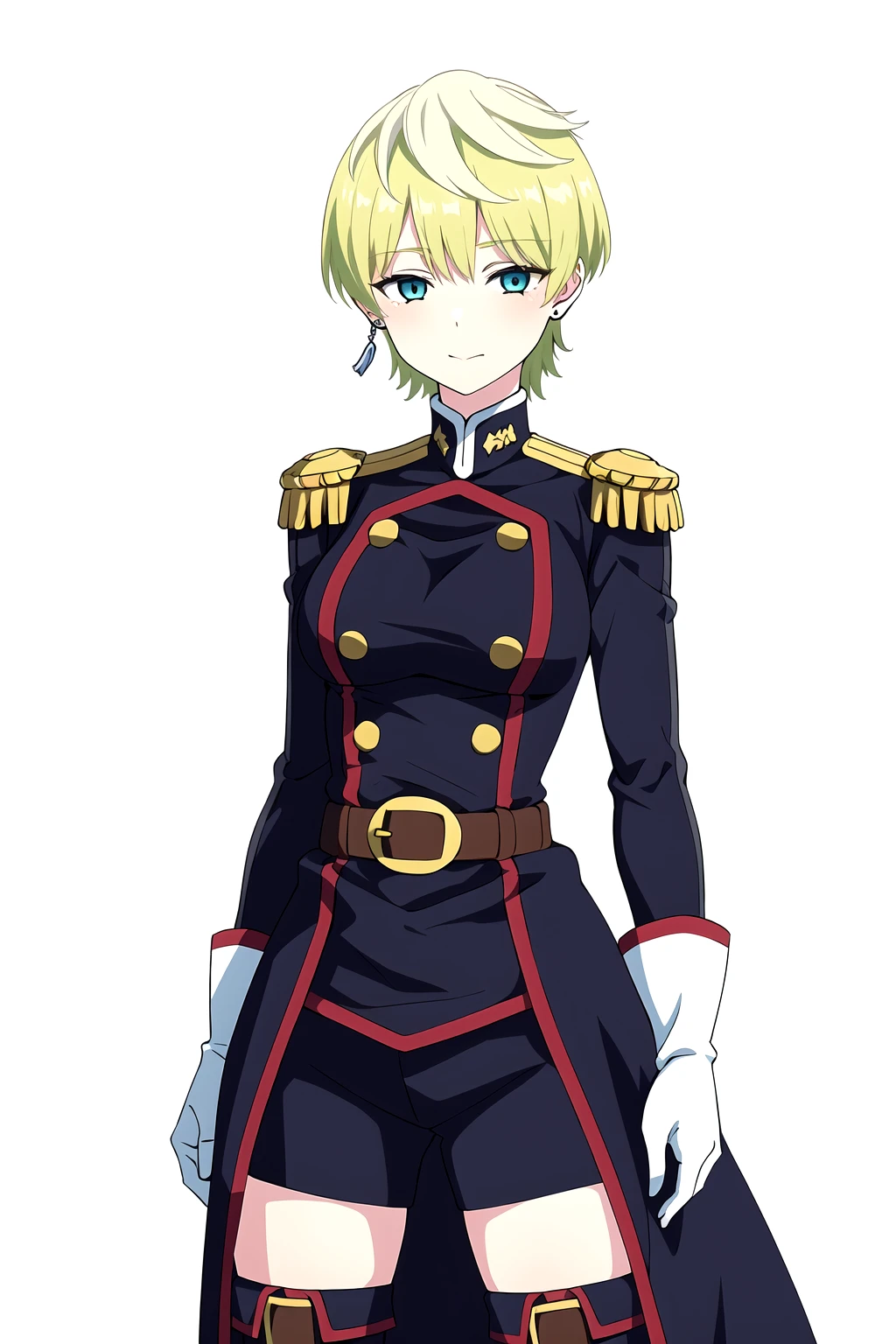 Tenka Izumo, 1girl, solo, green hair, earrings, blonde hair, blue eyes, breasts, green hair, looking at viewer, short hair, gloves, shorts, epaulettes, belt, black shorts, white gloves, uniform, standing, short shorts, thigh boots, <lora:Tenka Izumo anylora14r29r-000006:0.7>, gray background,, masterpiece, best quality, highres,