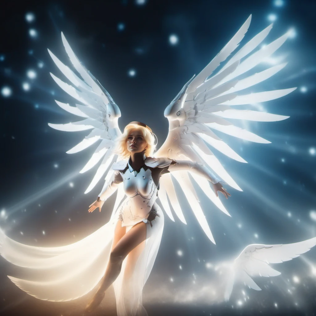 cinematic photo a realistic woman dressed in white with wings and an angel's halo , fantasy world <lora:Angel1024-000390:0.8> . 35mm photograph, film, bokeh, professional, 4k, highly detailed