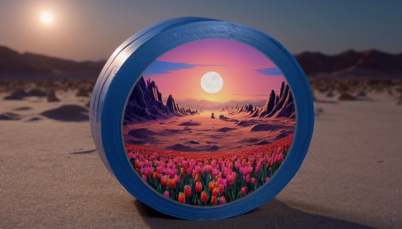 DuctTapeRay, Digital art, landscape of a Hyperdetailed (Tatooine:1.1) and Tulip, in Flirty duct tape, blue nature, Moon in the night, Sunlight, 4K, fantasy