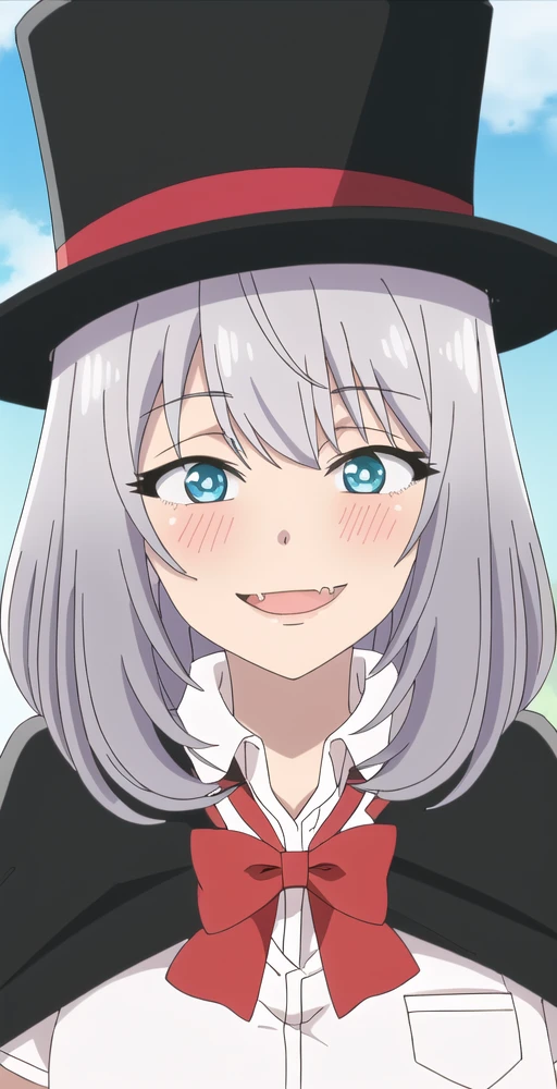 MSV2, 1girl, solo, portrait, looking at viewer, smile, skin fang, blushing, magician outfit, white shirt, short sleeves, top hat, bowtie, cape, perfect quality, good quality, masterpiece, HDR, UHD <lora:Magical Sempai V2:0.8>
