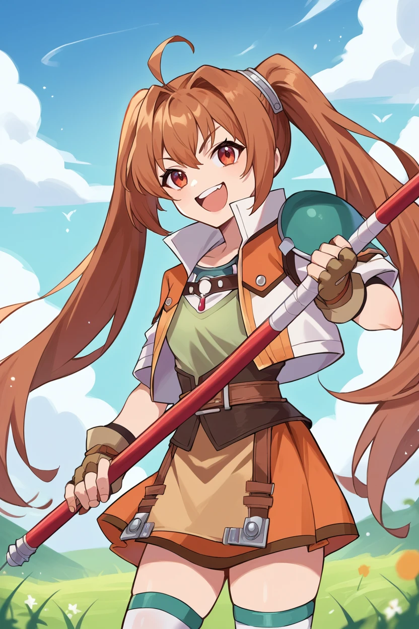 score_9, score_8_up, source_7_up, source_anime, BREAK 1girl <lora:estelle-pdxl-nvwls-v1:1> scEstelle, twintails, cropped jacket, orange and white jacket, green shoulder pad, tan shirt, orange skirt, belt, white thighhighs, brown gloves, holding a staff with both hands, smug, open mouth, smile, field, blue sky