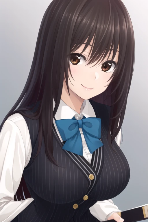 ((masterpiece)),(best quality),official art,extremely detailed CG,unity 8k wallpaper,ultra detailed,beautiful detailed eyes,extremely detailed face,1girl,solo,upper body,(portrait:1.5),looking at viewer,facing viewer,smile,Yakuouji Komachi,very long hair,black hair,long hair,sidelocks,bangs,brown eyes,suit vest,black vest,pinstripe pattern vest,collared shirt,white shirt,blue bowtie,long sleeves,large breasts,pencil skirt,black pantyhose,high heels,<lora:Yakuouji Komachi(pc)>,