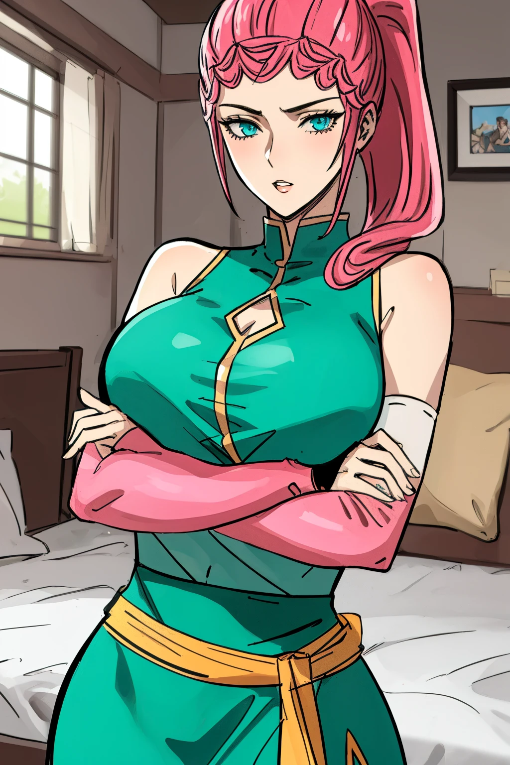 ((masterpiece, best quality)), 1girl, longyuyin,
long hair, pink hair, ponytail, single hair bun, blue eyes, breasts, arms crossed under breasts, parted lips, upper body, aqua dress, green sash, arm warmers, bedroom