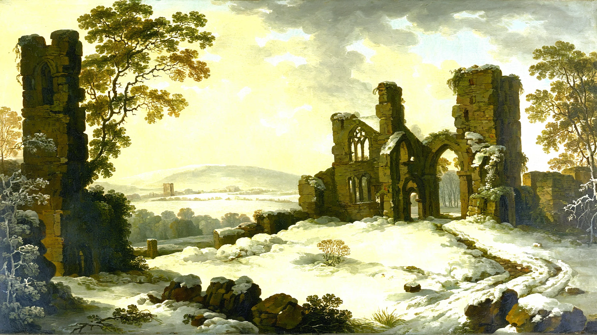 <lora:G30rg3B4rr3tSr_v1:1>, winter, G30rg3B4rr3tSr  oil painting, fantasy, celtic art, multiple perspectives, complex composition, snow, abandonned church ruins, daytime, trees, grass, bushes, cobblestone walls