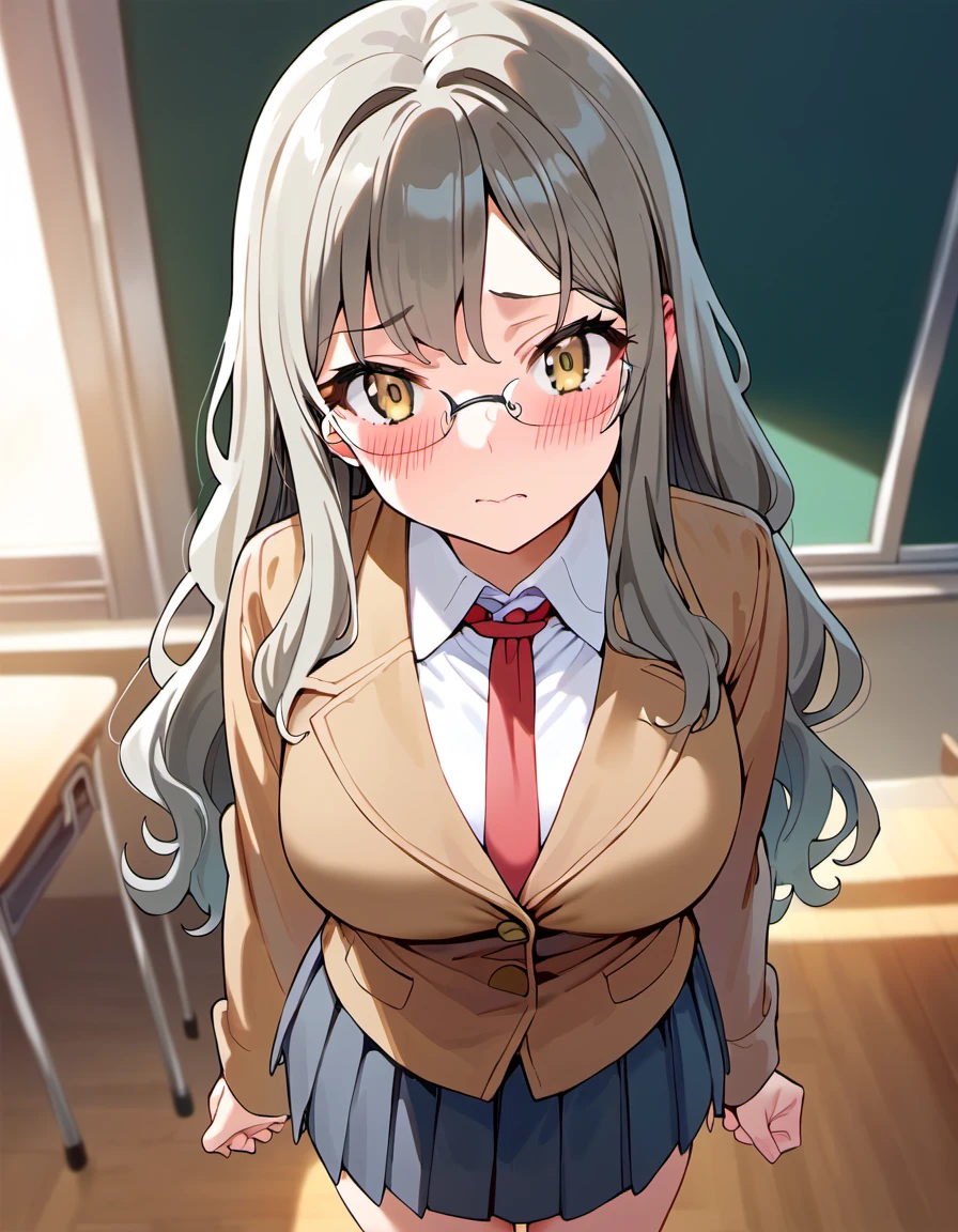 score_9, score_8_up, score_7_up,
source_anime,
1girl, very short petite, solo, standing, pov, looking at viewer, embarrassed, blush, in classroom,
frio, long hair, sidelocks, bangs, brown hair, grey hair, wavy hair, large breasts, rimless eyewear,
school uniform, brown jacket, collared shirt,pleated skirt, black skirt, necktie,
<lora:futabario_pony_v1r:0.7>