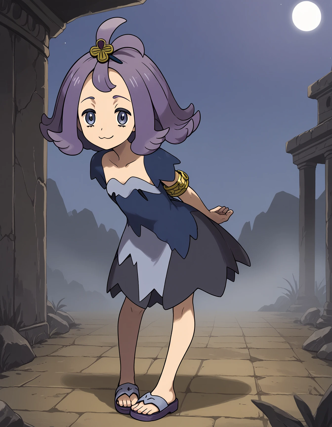 score_9, source_anime, rating_safe BREAK 1girl
<lora:ponyxl_character-acerola:1.2>, 
acerola \(pokemon\), purple hair, hairpin, hair ornament, :3,
dress, torn dress, blue dress, grey dress, multicolored clothes, stitches,short sleeves,  ribbons,
(armlet:0.8), sandals,
night time, dark ruins, smile, arms behind back, leaning forward, mesugaki, step forward
<lora:sdxl_lightning_2step_lora:1>