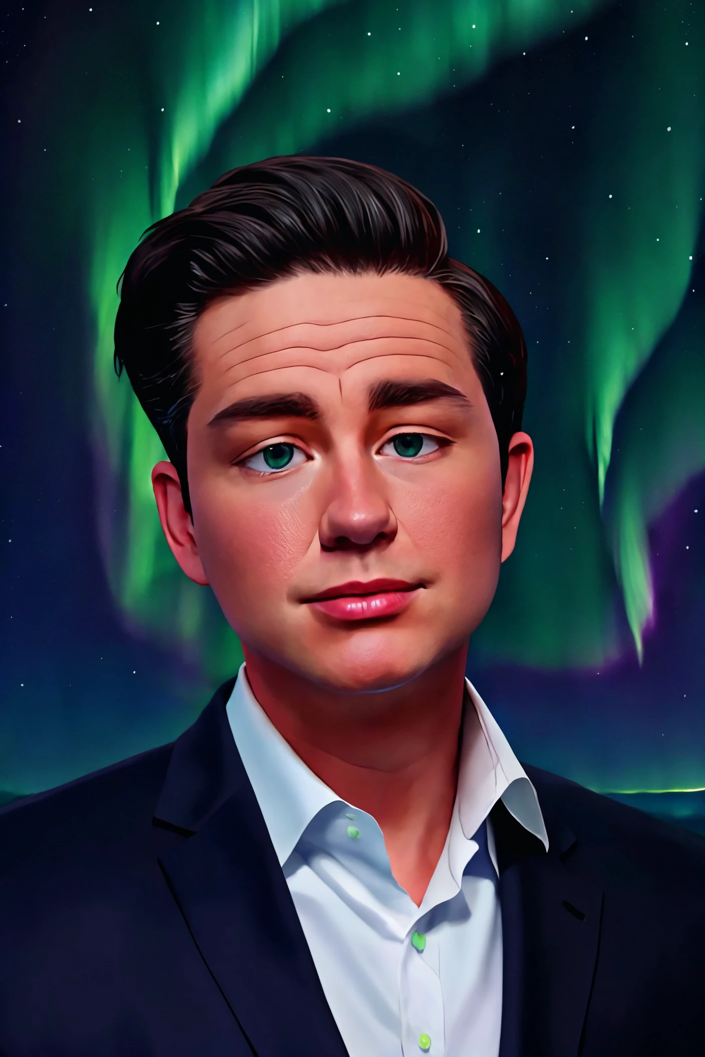 Pierre Poilievre face young and handsome, , male focus, black hair, shirt, formal, suit, collared shirt, white shirt, jacket
Frozen lake and aurora borealis overhead,
[(colorful explosion psychedelic paint colors:1.21)::0],
[cartoon, vector art, anime :realistic, real life, hyper realistic:0.2],
best quality, masterpiece, HDR, professional, studio quality, highres,
<lora:Pierre_Poilievre_v2:1>