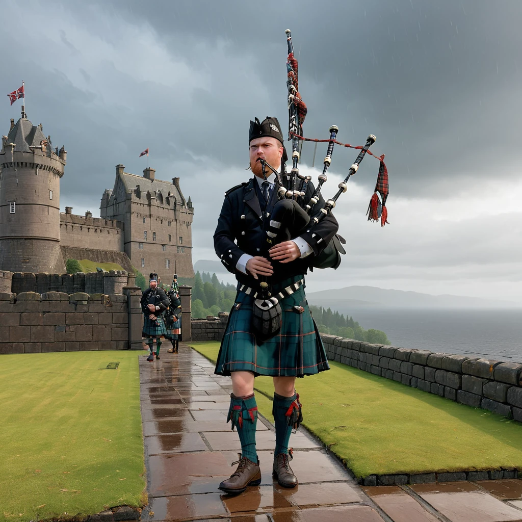 (a person playing bgpps) standing on the battlements of a scottish highland castle, bgpps, bagpipes, castle, highlands, rain, High quality 3D rendering, fantasy, Pixar 3D character design style, ZBrush high-polygon modeling,