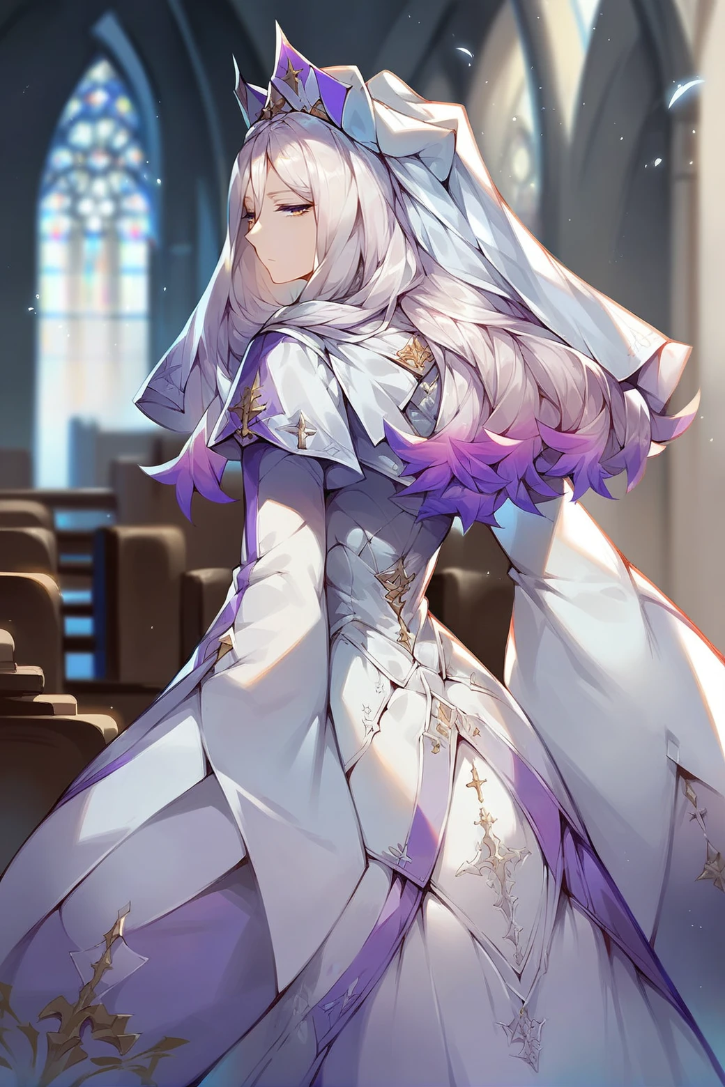 score_9, score_8_up, score_7_up, <lora:isaiahkr-ponyxl-beta1-08:0.9> isakr, 1girl, solo, gradient hair, hair between eyes, white hair, from behind, standing, strapless white dress, white half gloves, wide sleeves, gradient eyes, veil, yellow eyes, purple eyes, (bright pupils), long sleeves, (v-shaped eyebrows:0.3), expressionless, half-closed eyes, cowboy shot, (looking back:0.8), church interior, blurry background, sunbeam
