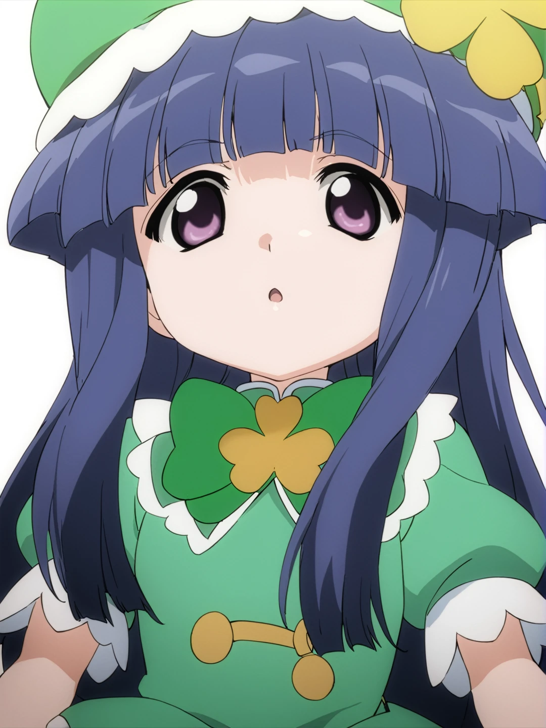 masterpiece, best quality, anime coloring, nsfw, <lora:0r0P00W0n0j0O0kqLSDXL_LoRA_V1>, 1girl, solo, furude rika, (child:1.2), simple background, white background, kawaii, blue hair, purple eyes, long hair, blunt bangs, bangs, looking at viewer, Saint Patrick's Day, wearing a St. Patrick's Day leprechaun hat with clover leaf, celebrating Saint Patrick's Day,