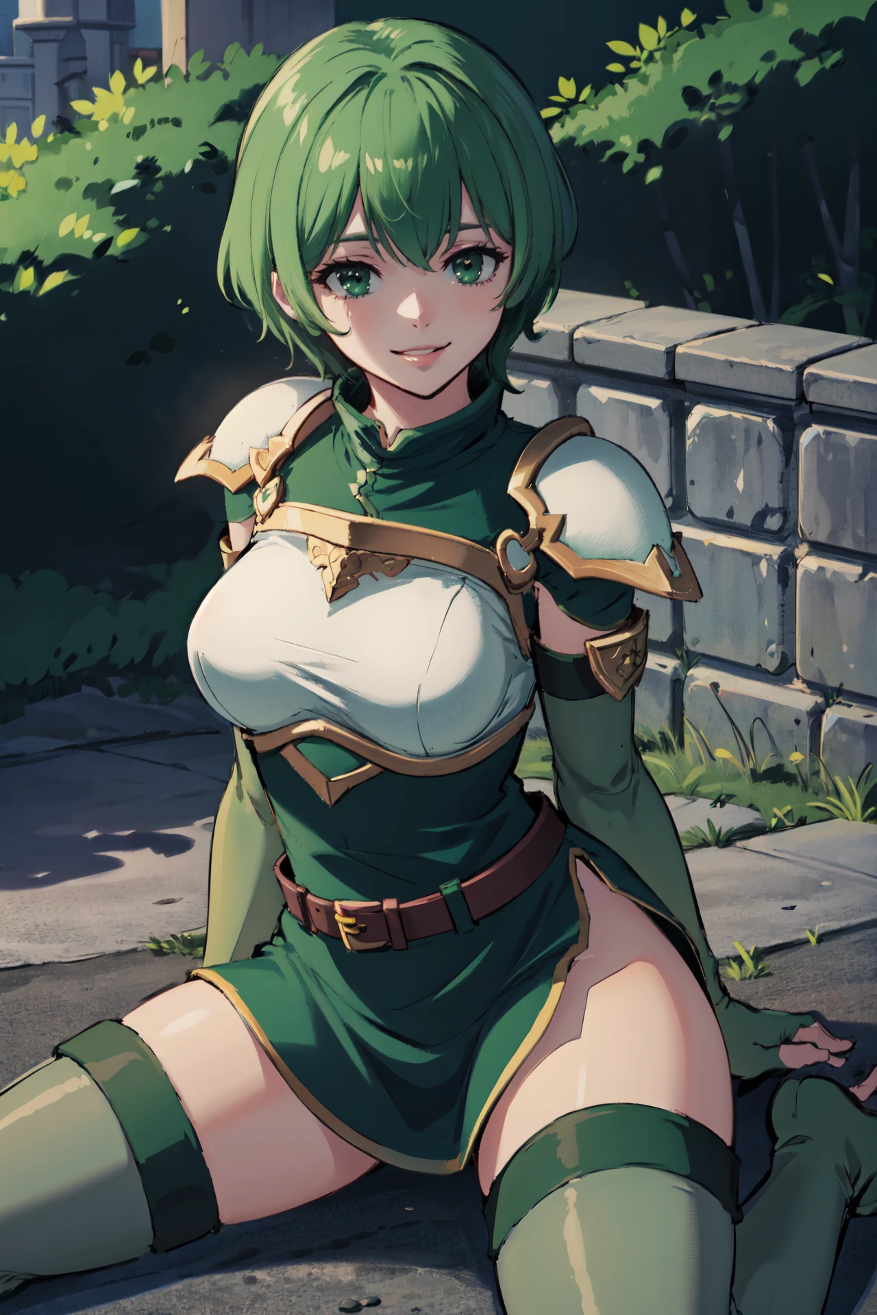 thigh straddling,spoken musical note,smile,<lora:herminaV1-1:0.8>,hermina,green hair,thighs, green thighhighs,green glove,elbow gloves, green footwear,breastplate fingerless gloves, thigh boots, belt, green short dress, zettai ryouiki, shoulder armor,side slit, outdoors,castle, (masterpiece, best quality, ultra-detailed, best shadow)