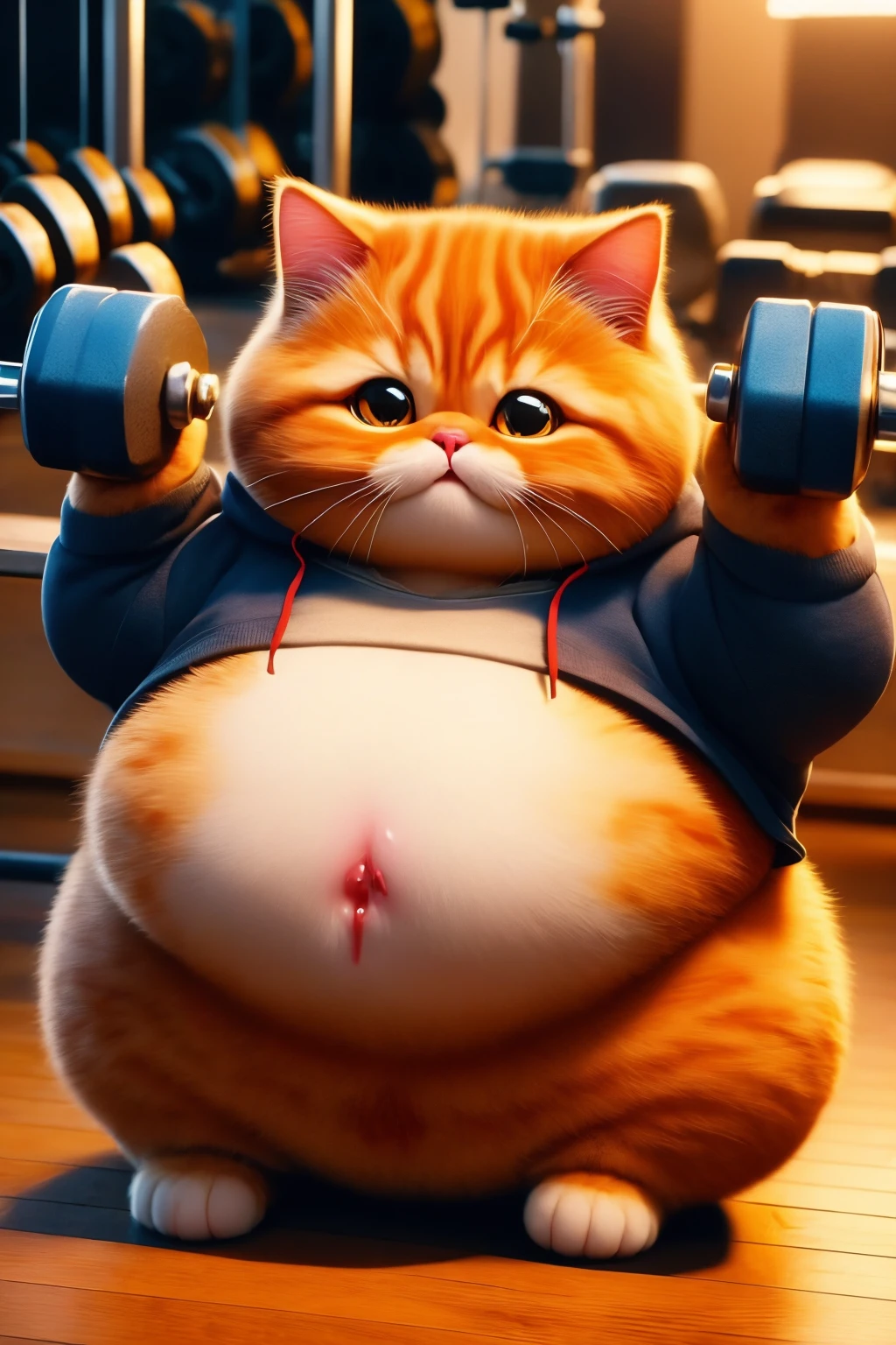 animal focus, no humans, cat, hood, big eyes, animal, fat cat doing exercise,sweat a lot,Fat cat lifting dumbbells