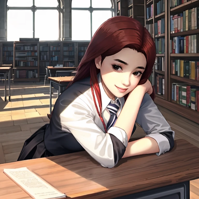 (best quality, ultra detailed), (detailed background:1.2), (perfect face, detailed face), looking at viewer, (light rays, shadow, mature female:1.4), smile, TulipKarasu, 1girl, red hair, long hair, solo, brown eyes, black skirt, pleated skirt, black pantyhose, narrow waist, collared shirt, white shirt, collared shirt, jewelry, necklace, blue necktie, striped necktie, sleeves rolled up, thighs, sitting, dark, book, (window, indoors, library, desk), (head rest, resting on elbow, studying, leaning on desk:1.3) medium breasts, <lora:TulipKarasu_v2:0.78>, <lora:a_beam_of_light_v1.04:0.5>