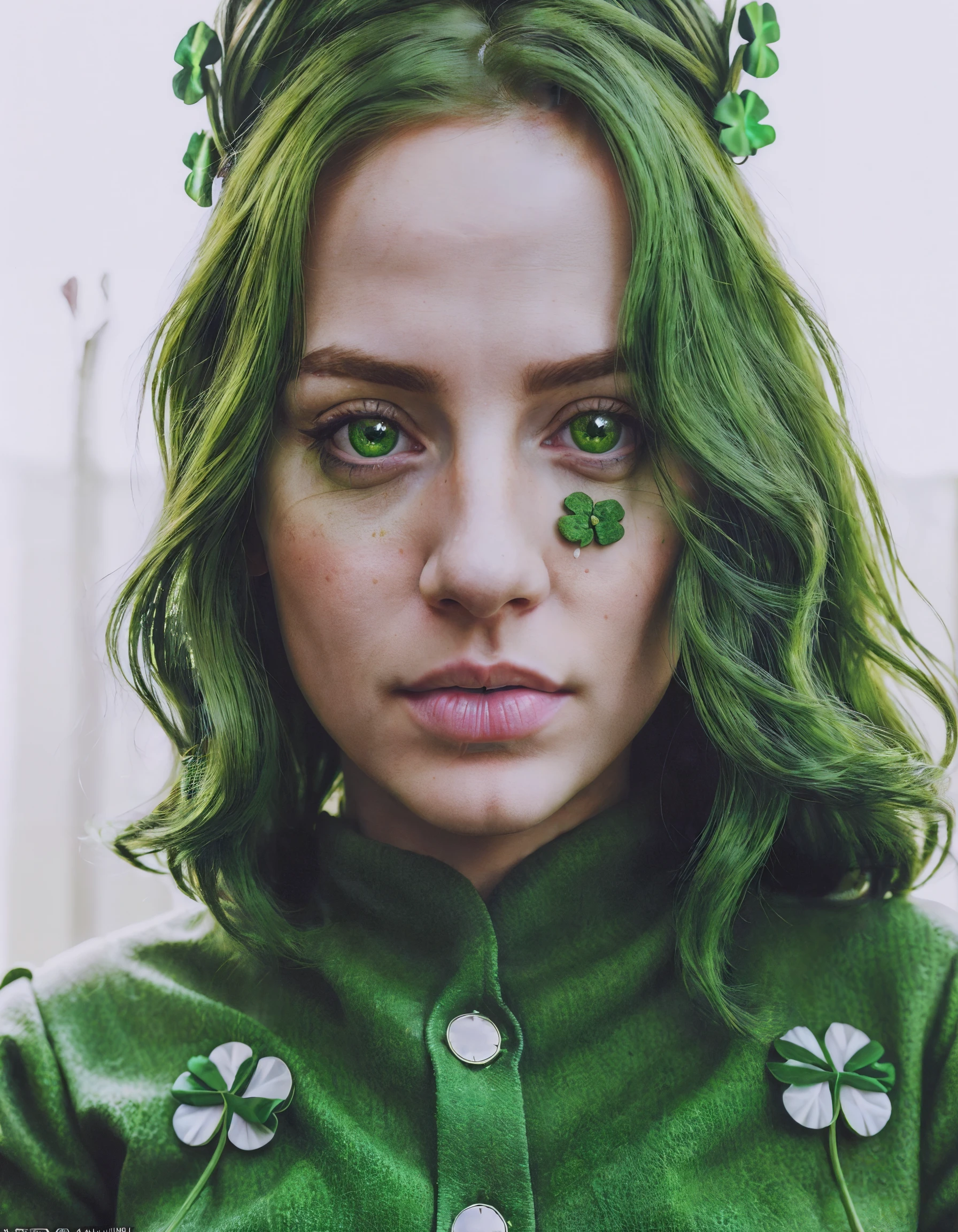 chokehold, <lora:chokehold:7.0> heterochromia,  (green eye, green hair)  1girl, half normal face, face split in two, (green four leaf clover:1.1), leprechaun,  dark, dim lighting, shadows, detailed eye, traditional celtic clothing, green coat, field of clovers,, ,(masterpiece),(detailed),(intricate details),(realistic, photo-realistic:1.37),an extremely delicate and beautiful,8k wallpaper,absurdres,incredibly absurdres,ultra-detailed,highres,extremely detailed,
