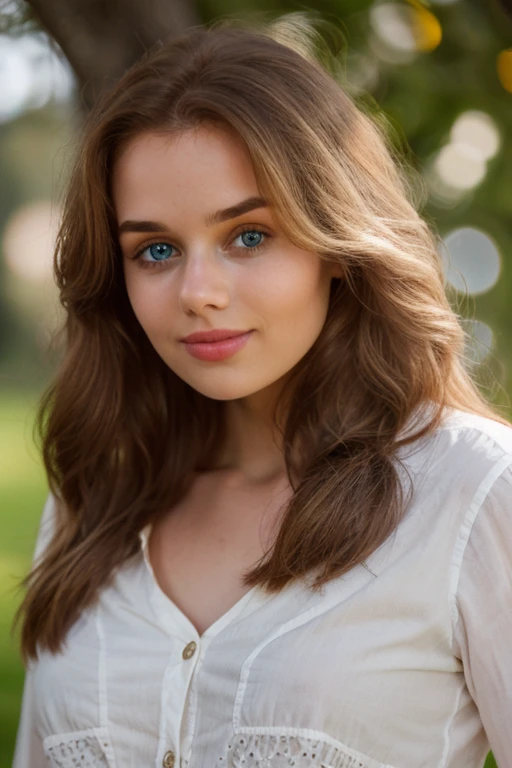 k31r4, looking at viewer, facing viewer, brown hair, long hair, portrait, smile, <lora:k31r4-16:1.2>, epiCPhoto