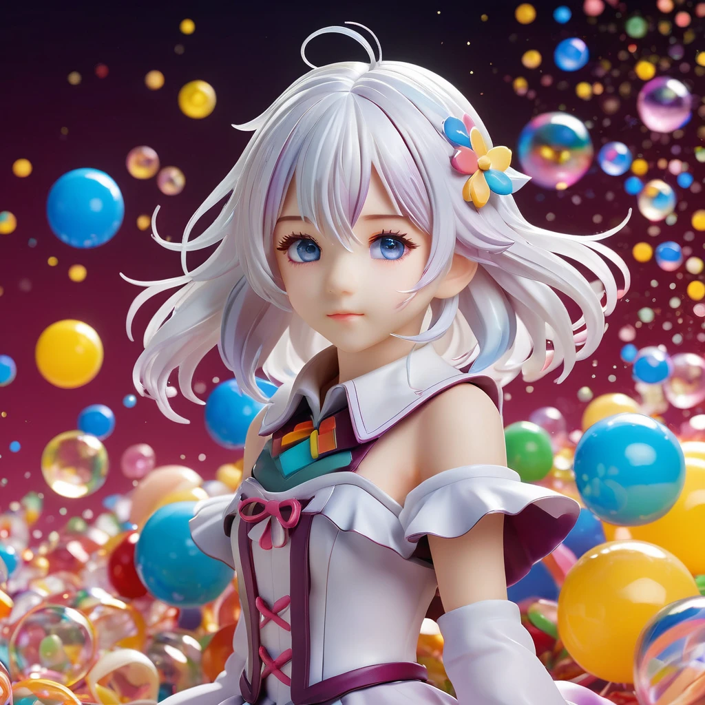 <lora:PVC:1>ï¼PVC figure,rendering,
(((masterpiece))),(((best quality))),((ultra-detailed)),(illustration),(dynamic angle),
((floating)),(paint),((disheveled hair)),
(solo),(1girl), little girl, ((small_breasts)), (((detailed anima face))),((beautiful detailed face)),collar,bare shoulders,
white hair, ((colorful hair)),((streaked hair)),
beautiful detailed eyes,(Gradient color eyes),(((colorful eyes))),closed-up,
(((colorful background))),(((high saturation))),(((surrounded by colorful splashes))),(((surrounded by colorful dot))),colorful bubble,((shining)) ,child,
((young,little girl,cute,little girl face))