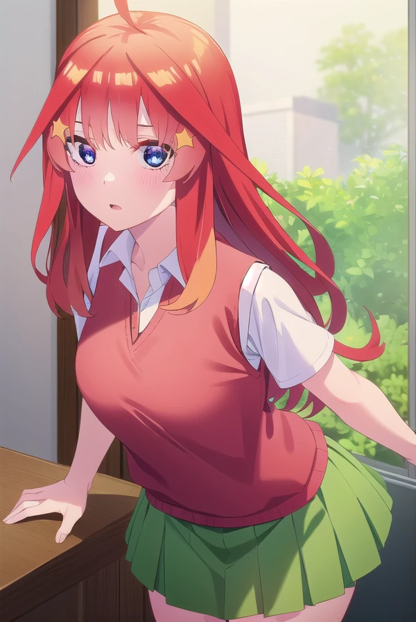 itsukinakano, <lora:itsuki nakano s2-lora-nochekaiser:1>,
itsuki nakano, bangs, blue eyes, hair between eyes, ahoge, red hair, star \(symbol\), hair ornament, star hair ornament,
BREAK skirt, shirt, school uniform, collarbone, white shirt, short sleeves, pleated skirt, socks, collared shirt, miniskirt, kneehighs, white socks, (green skirt:1.5), sweater vest, (red sweater vest:1.5),
BREAK indoors, classroom,
BREAK looking at viewer, (cowboy shot:1.5),
BREAK <lyco:GoodHands-beta2:1>, (masterpiece:1.2), best quality, high resolution, unity 8k wallpaper, (illustration:0.8), (beautiful detailed eyes:1.6), extremely detailed face, perfect lighting, extremely detailed CG, (perfect hands, perfect anatomy),
