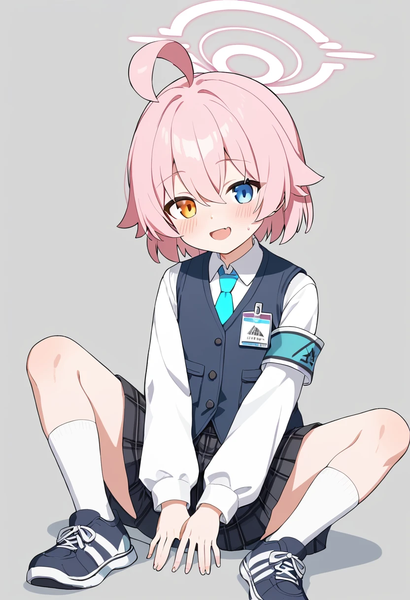 (score_9,score_8_up,score_7_up,),1girl,<lora:hoshino_PONY_last:0.7>,(hoshino \(blue archive\):0.9),hoshino \(blue archive\),heterochromia,short hair,pink hair,ahoge,halo,(vest:1.2),blue vest,long sleeves,blue necktie,plaid skirt,armband,shoes,
in summer,serious,campus,school,mid_shot,looking_at_viewer,squatting,from_below,v,(daylight:1.1),
