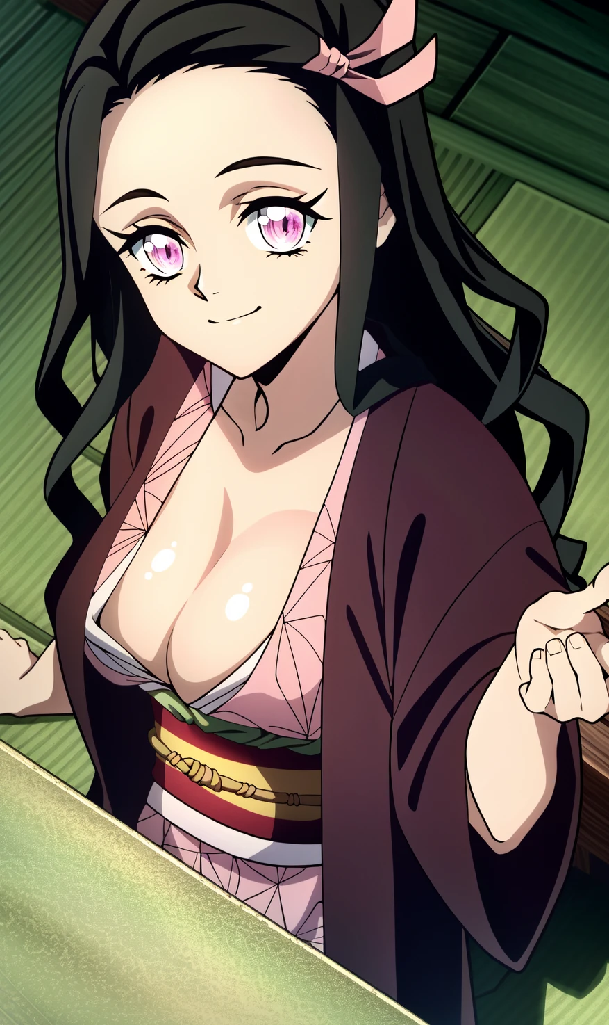 (extremely detailed CG unity 4k wallpaper),(masterpiece),(best quality),(ultra-detailed),(best illustration),(best shadow),(absurdres),(detailed background) <lora:OGT_Nezuko_Kamado-v1:1> Nezuko Kamado, 1girl, kamado nezuko, breasts, long hair, japanese clothes, black hair, pink eyes, smile, closed mouth, kimono, solo, sharp fingernails, ribbon, medium breast, fingernails, slit pupils, hair ribbon, pink ribbon, looking at viewer, pink kimono, cleavage, retro artstyle