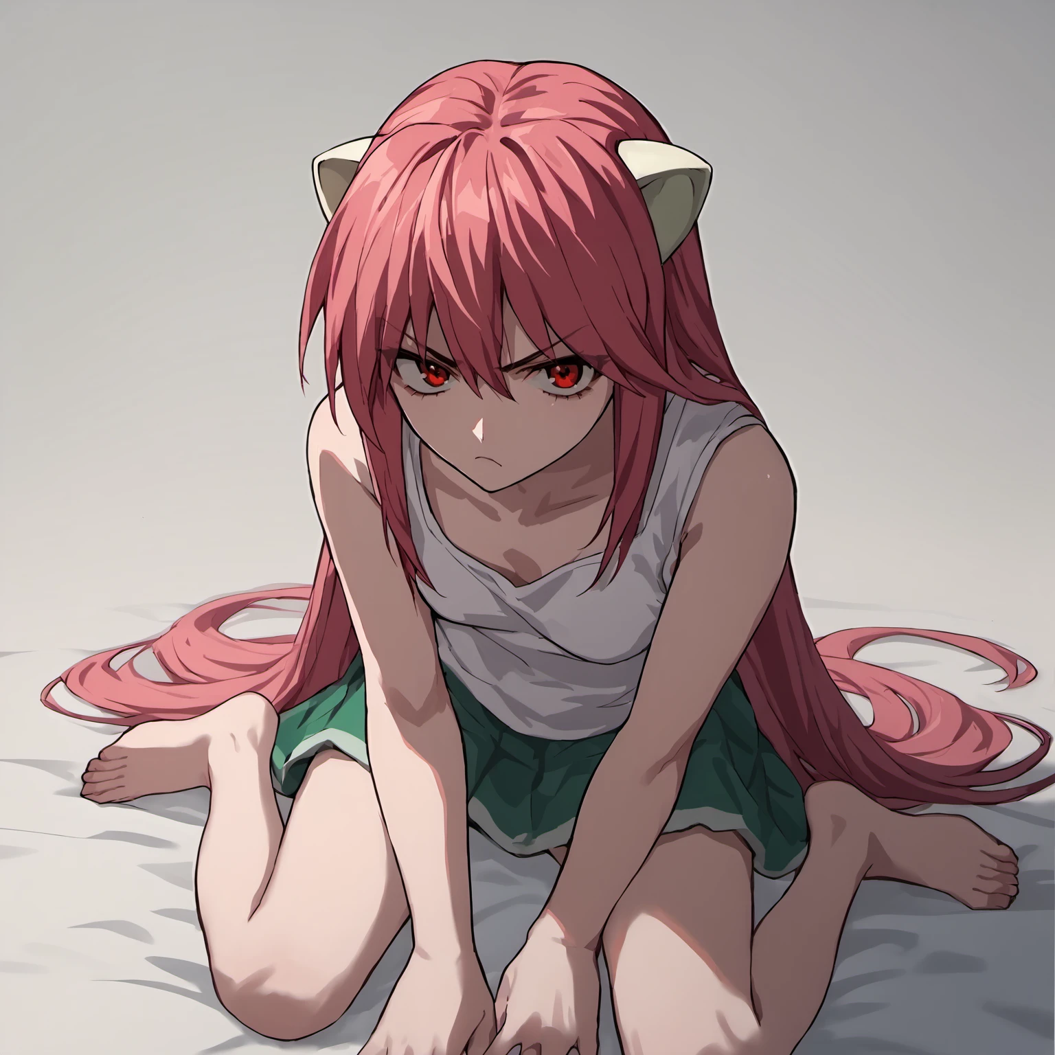 score_9, score_8_up, score_7_up, score_6_up, score_5_up, score_4_up,source_anime,Lucy, 1girl, solo, long hair, horns, red eyes,pink hair, skirt, (from front), white tanktop, red hair,no pants,barefoot, scowl, looking at viewer, <lora:LucyPXL-000009:1>