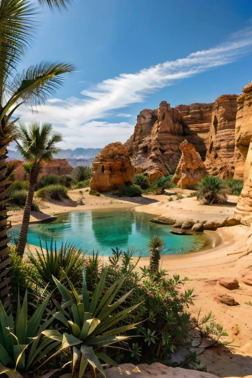 Illustrate a scene of tropical plants thriving along the ocean shore, complemented by the soothing sound of waves,A desert landscape with a canyon carved by wind and time, revealing layers of colorful rock formations