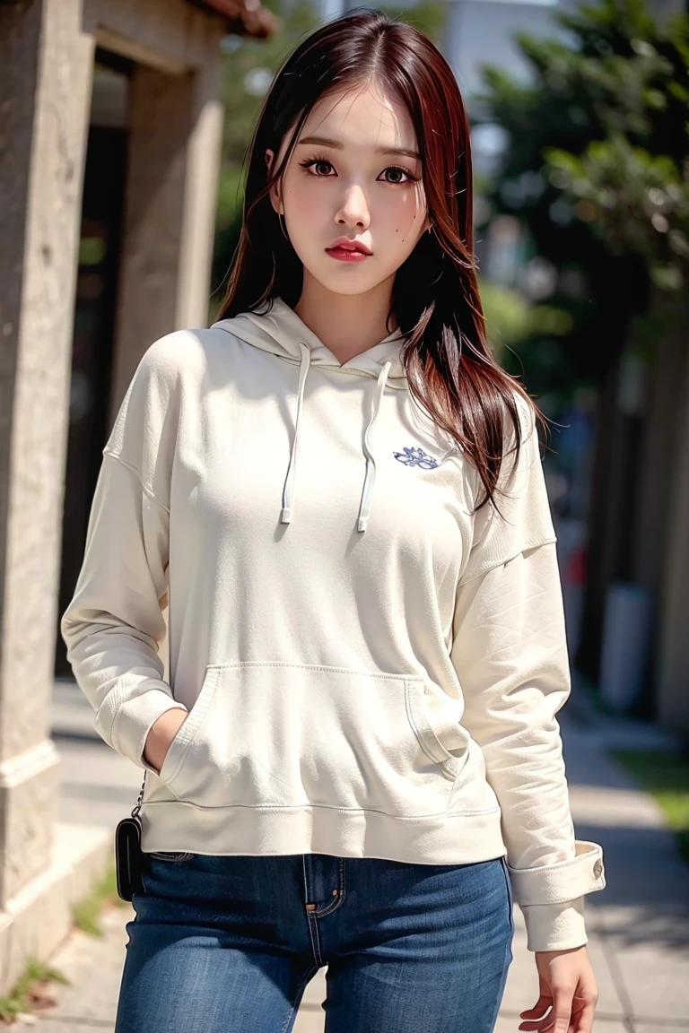 staycj, long hair, urban, streets, day, (8k, best quality, masterpiece:1.2),(intricate details:1.4),(photorealistic:1.4),octane render, ultra detailed, realistic skin texture, detailed face, beautiful detailed eyes, makeup, (detailed background:1.2), (cowboy shot:1.2),(hip),(perfect anatomy:1.2),(white hoodie, jeans), <lora:staycj-v1:1>