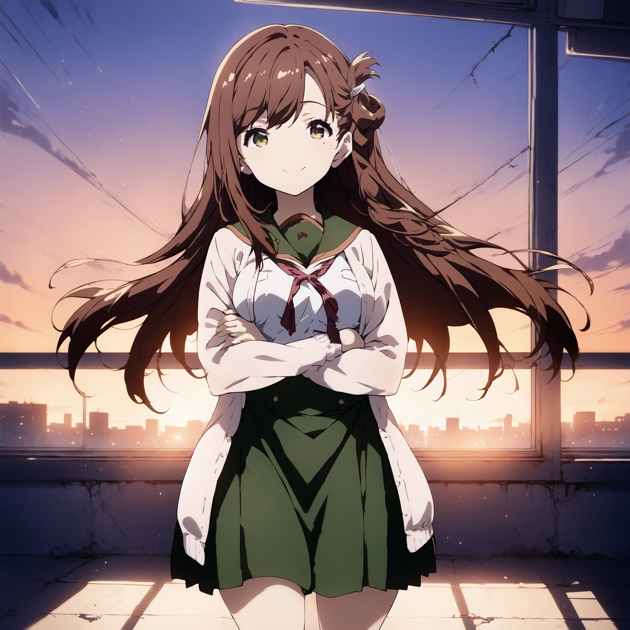 score_9,score_8_up,score_7_up, source_anime,
highres,absurdres,
BREAK
wakasa-yuuri, gakkou_gurashi!, 1girl, brown_hair, green_eyes, cardigan, school_uniform, mole_under_eye,
crossed_arms,
light_smile,
indoors,
abandoned_school,broken_floor,classroom,
sunset,cityscape,
<lora:wyuuri-XLpony1:1>