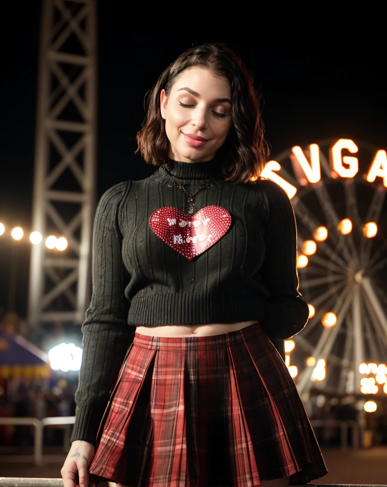 cinematic film still <lora:quiron_ivyLebelle_v1_Lora:0.87> IvyLebelleQuiron, from afar, full body, amusement park, carousel, ferris wheel, at Midnight hour, tail, sweater, heart cutout, plaid_skirt, (Metal Arm Cuff), (closed eyes:1.2), smile, (sensual drunk expression), (drunk blush, dreamlike style), . shallow depth of field, vignette, highly detailed, high budget Hollywood movie, bokeh, cinemascope, moody, epic, gorgeous, film grain, grainy