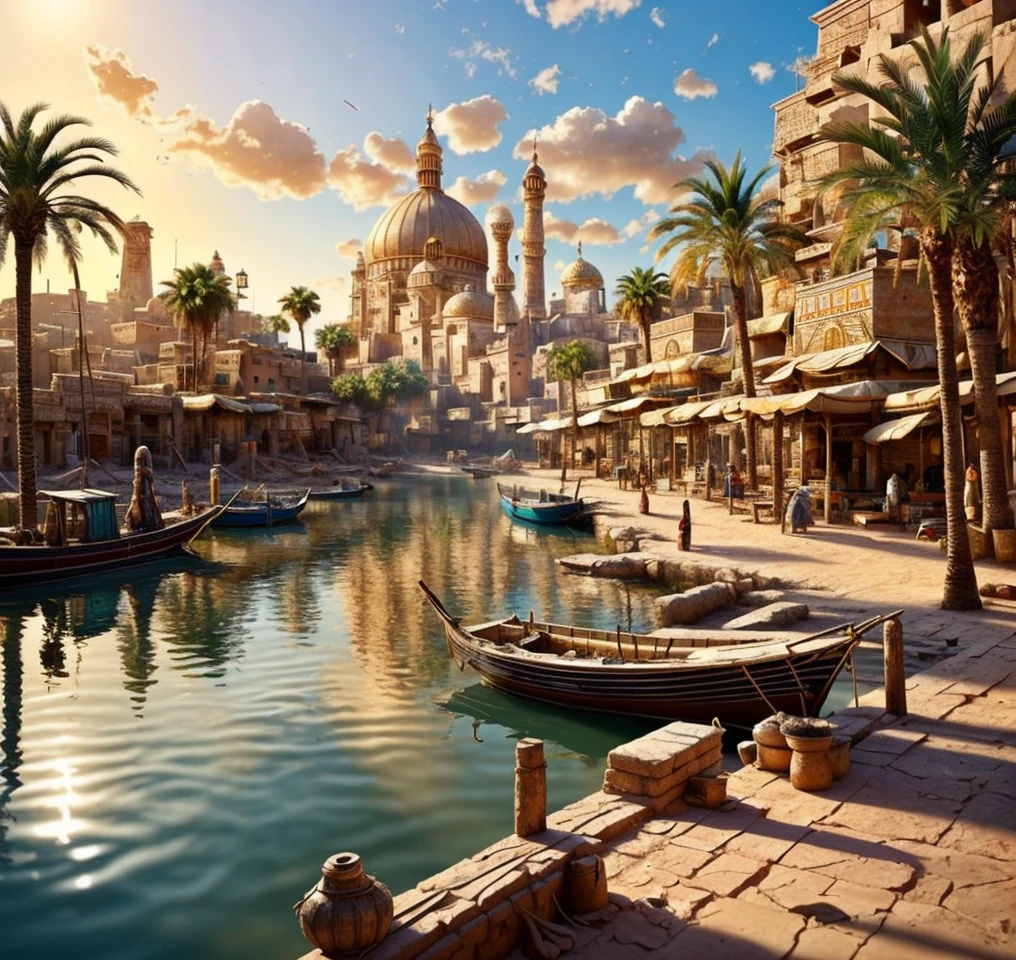 (masterpiece:1.2), (best quality,:1.2), 8k, HDR, ultra detailed, ((photorealistic)), professional light, cinematic lighting,ambient lighting,<lora:detail_slider_v4:2>, OverallDetail, a small town in ancient Egypt, by a river with a boat in the water and palm trees in the foreground and a building with a tower, Stygia, <lora:Stygia-10:1>, epiCPhoto