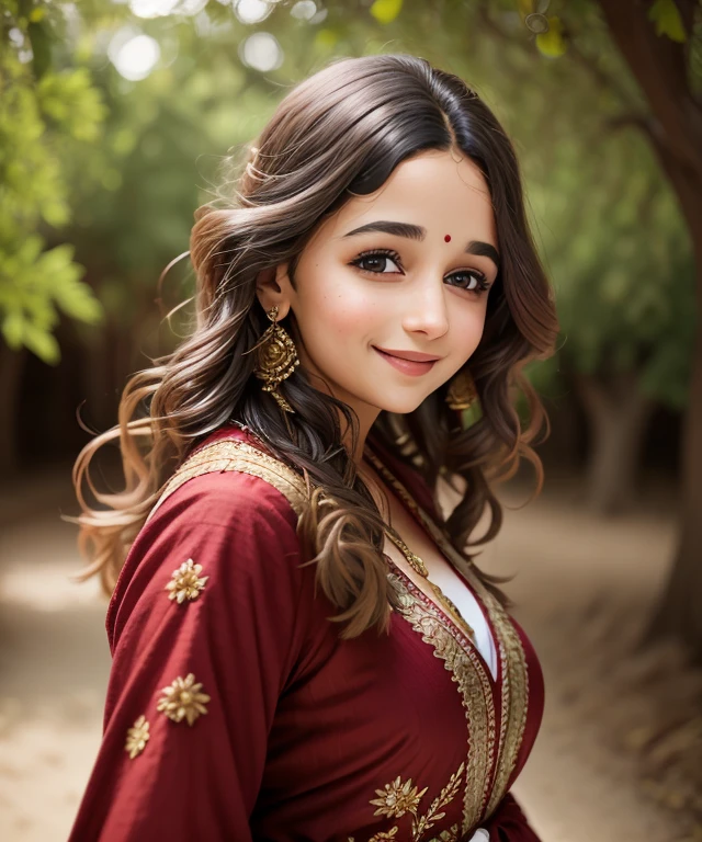 a3l1bh3 , ((blurred nature, outdoor)), (close portrait photo), Indian dress,  intricate, smile, realistic