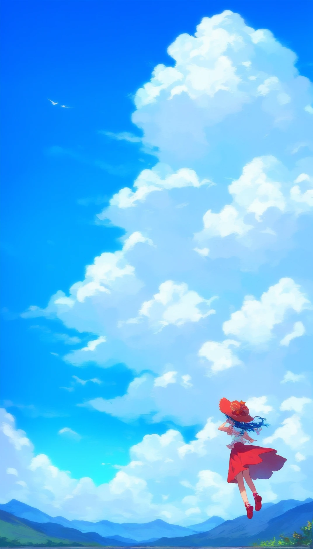 <lora:Detailed_Anime_Style_Backgrounds_for_PonyXL:0.8> score_9, score_8_up, score_7_up, score_6_up, source anime, scenery,
1girl, in a dress flying through the sky, cloud, hat, sky, blue sky, cloudy sky, day, red footwear, horizon, mountain, outdoors, solo