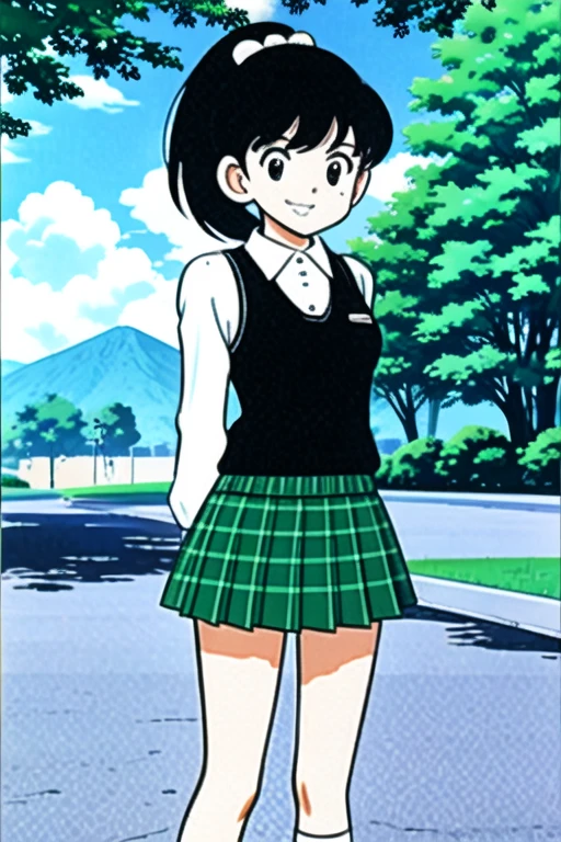 <lora:LCM_LoRA_Weights_SD15:1>, <lora:anime_screencap_v2:0.3>, Anime Lineart, (masterpiece), uncensored, score_9, score_8_up, score_7_up, score_6_up, score_5_up, score_4_up, high quality, very_high_resolution, large_filesize, full color, 1990s \(style\), anime, anime_screencap, animated gif, mp4 ,video, animated,(Beautiful, medium breasts:1.2),(beautiful face:1.2),(beautiful legs, perfect legs), (beautiful fingers, perfect fingers), (beautiful hands, perfect hands), (fingertip, nail), shiny skin, retro artstyle, long legs, uncensored, nsfw, explicit, <lora:GoodHands-vanilla:1>, BREAK source_anime, BREAK outdoors, blue sky, BREAK riverbanks, meadows, grasses, BREAK bushes, and thickets, ((((1girl, solo)))), <lora:yocchinv3:0.8>, yocchinv3, yocchin, (ponytail, high ponytail, BREAK middle hair, black hair, black eyes:1.6), (Green plaid vest, BREAK green plaid mini skirt, green plaid pleated skirt, BREAK white shirt, white long sleeve shirt, skirt, BREAK white socks, white sneakers, BREAK long sleeves:1.8), BREAK (smile, shy:1.4), BREAK (standing:1.4), BREAK (arms behind back:1.6),