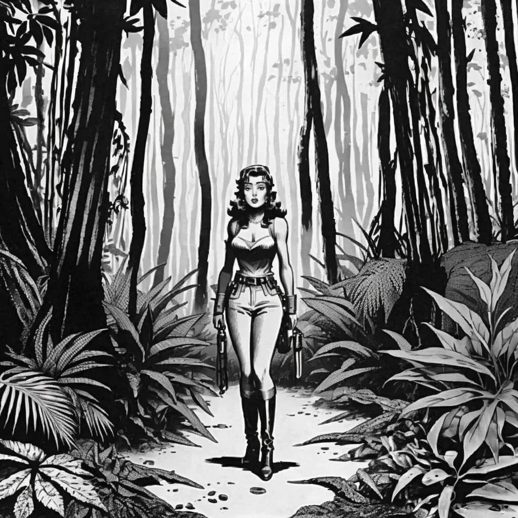 a jungle girl standing in forest <lora:Xenozoic_v4:0.9> xzoiccad grayscale