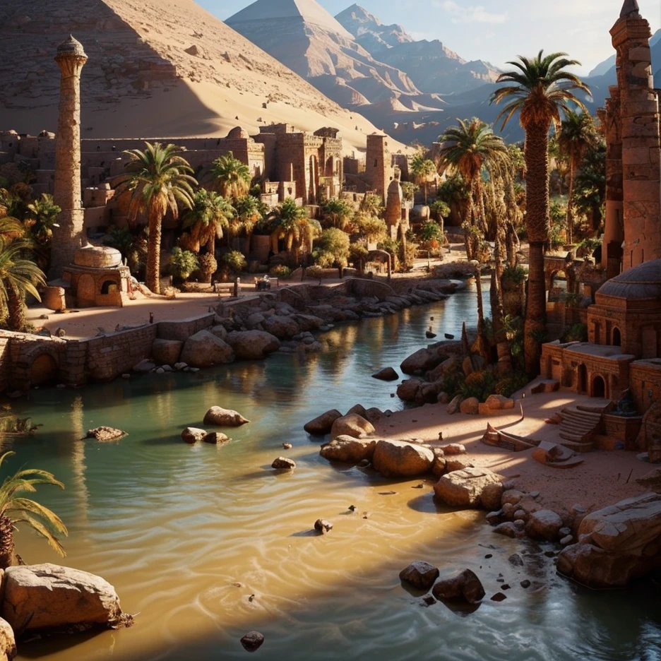 (masterpiece:1.2), (best quality,:1.2), 8k, HDR, ultra detailed, ((photorealistic)), professional light, cinematic lighting,ambient lighting,<lora:detail_slider_v4:2>, OverallDetail, fhanddetail:1.4, hairdetail, palms, mountains, desert, river, pyramid, Stygia, <lora:Stygia-10:1>, epiCPhoto