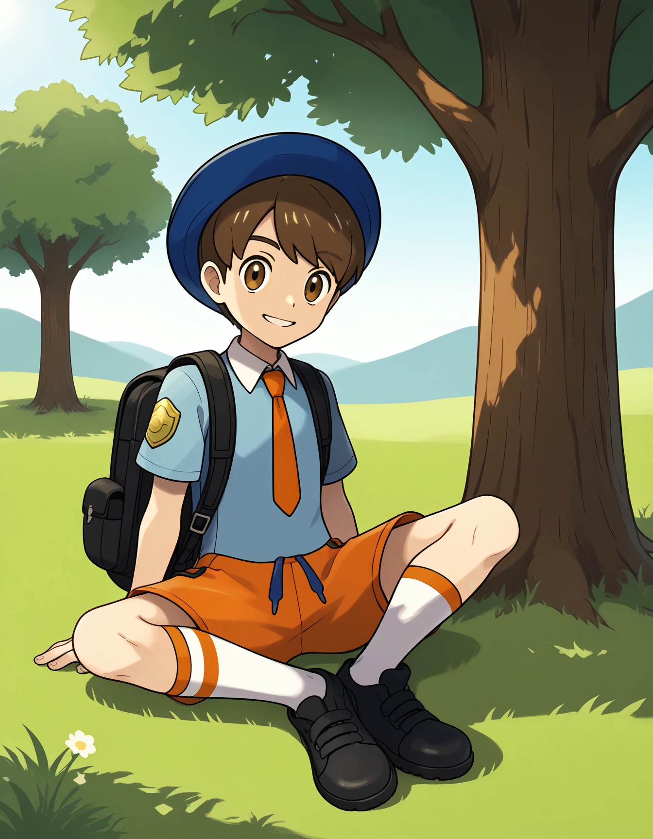 score_9, source_anime, rating_safe BREAK 1boy, solo
<lora:ponyxl_character-haruto:0.8> ,
<lora:sdxl_lightning_8step_lora:1>, source_anime, score_9,
haruto, florian \(pokemon\), brown eyes, blue headwear, black backpack, short sleeves, blue strings
orange necktie, orange shorts, striped white socks, black shoes,
naranja academy school uniform, sitting on grass, sunny outdoors, smile, gold emblem, tree shade
<lora:ponyxl_character-aoi:0.5> ,