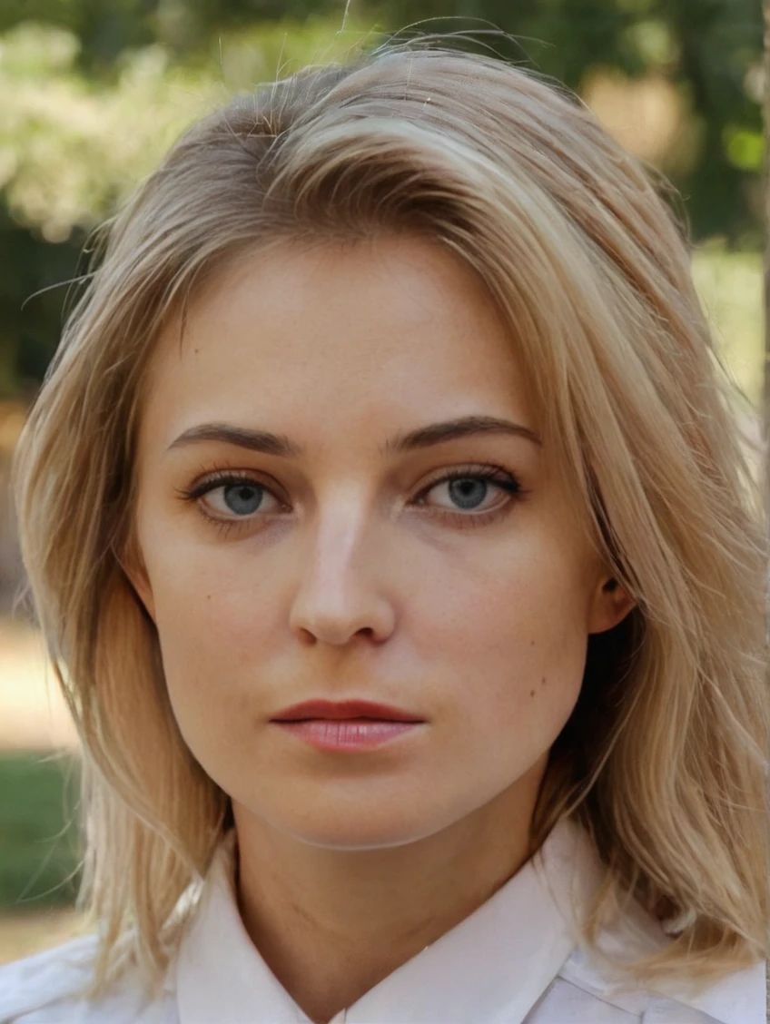a beautiful picture of natpokXL, detailed skin texture,masterpiece, photorealistic, woman, 4k, RAW color photo,(fully in frame:1.1), (blush:0.5), (goosebumps:0.5),blonde, <lora:natpokXL:1> wearing a white shirt,park backgroud