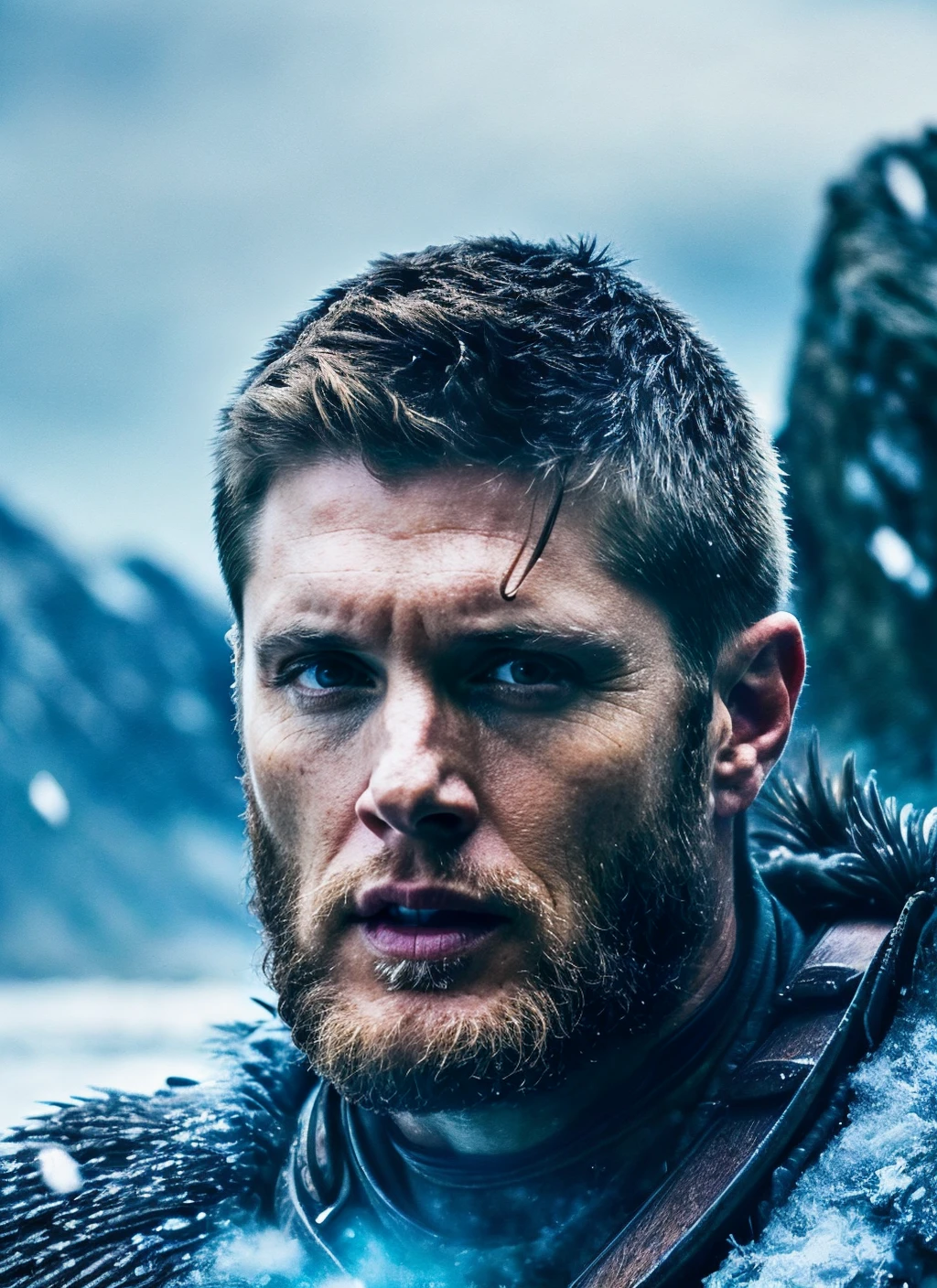 photo of 25 years  sks person, natural lighting <lora:skin_slider_v2_1_FACE:0.3> <lora:add_detail:0.7>,  epiCPhoto, <lora:locon_jensenackles_v1_from_v1_64_32:1>, man, Viking warrior style, digital illustration of a fierce Norse warrior battling a mythical beast in a snowy wilderness, massive battle axe, 6k resolution, intricate battle scars, fierce expression and eyes, (icy blue eyes) <lora:epiNoiseoffset_v2:1>, Illustration created on a Procreate of a [Mighty:1.3] Valiant (warrior) in a [Battle Pose:1.4], Snowy Lighting. Nebula Award Winner, Vertical image, (Scarred Features), (Icy Blue Eyes), Intense Battle Scene, Art by [Kekai Kotaki], Battle Roar, (Intricate), ((mythical beast))