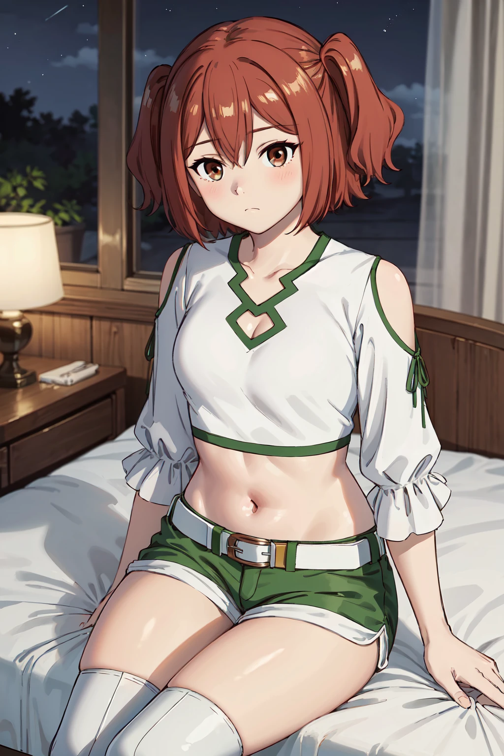illustration, detailed illustration, ultra detailed, dynamic angle, 18 year old girl, small , medium red hair, hair between eyes, green eyes, freckles, red cheerleader outfit, bedroom, empty hands, loose hair, standing, hands covering groin, shy smile,