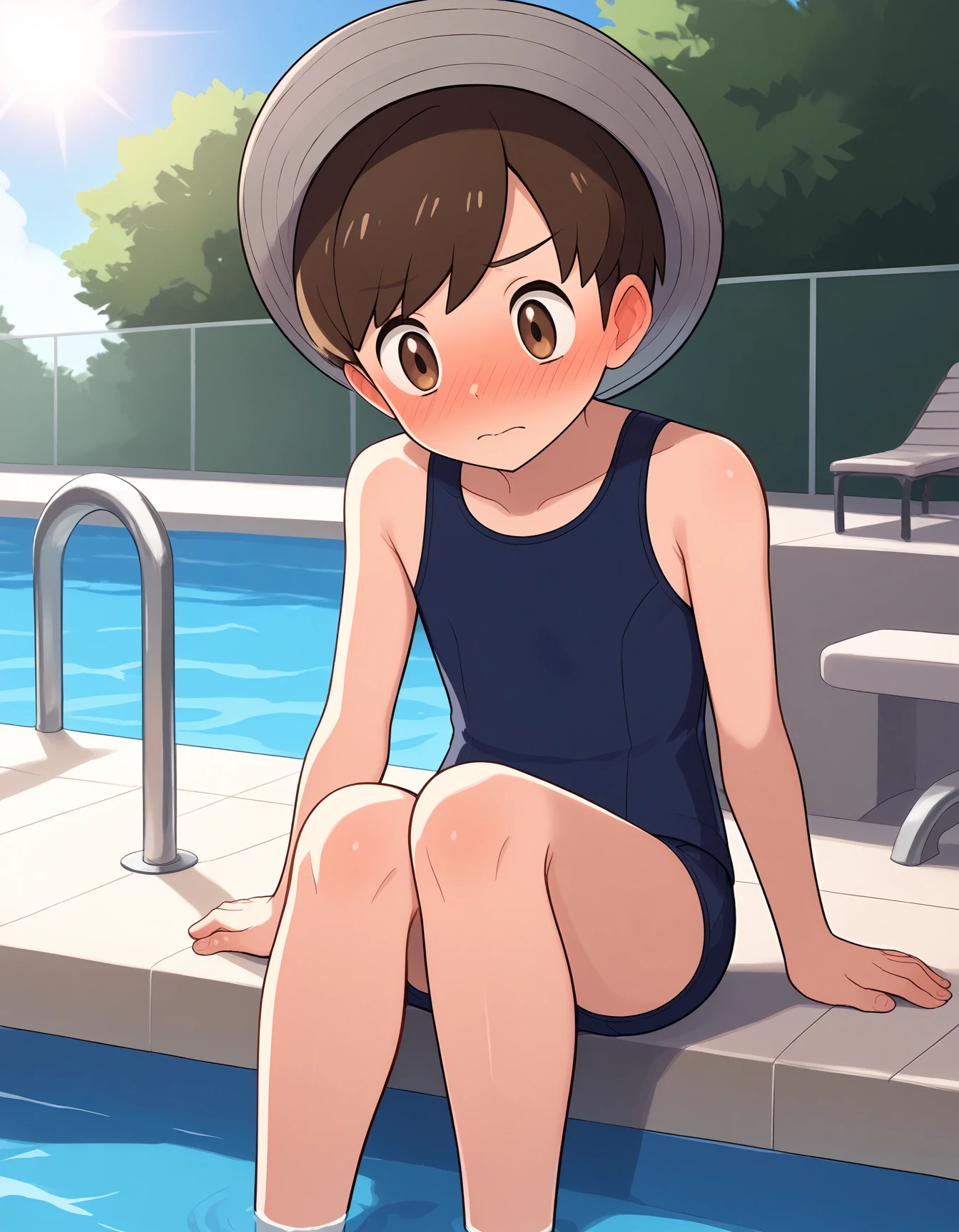 score_9, source_anime, rating_safe BREAK 1boy, solo,
<lora:ponyxl_character-haruto:1> ,
<lora:sdxl_lightning_8step_lora:1>, source_anime, score_9,
haruto, florian \(pokemon\), brown hair, brown eyes, pool, looking down, grey headwear, sunny, sunbeam, lens flare,
school swimsuit, (blush, nose blush, ear blush:1.2), erection under clothes, sitting, legs together,