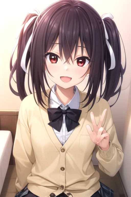 ((masterpiece)),(best quality),official art,extremely detailed CG,unity 8k wallpaper,ultra detailed,beautiful detailed eyes,extremely detailed face,park,1girl,solo,upper body,(portrait:1.5),looking at viewer,facing viewer,smile,:d,Asagiri Sakura,long hair,purple hair,twintails,hair ribbon,white ribbon,hair between eyes,red eyes,open mouth,black bow,cardigan sweater,beige sweater,collared shirt,white shirt,long sleeves,small breasts,plaid skirt,pleated skirt,black socks,loafers,<lora:Asagiri Sakura(pc)>,