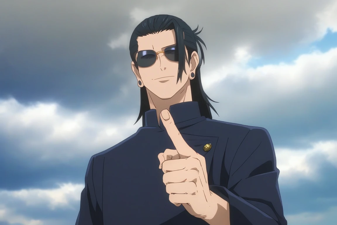 1boy, solo,black_hair,long_hair,untied_hair,cloudy_sky,gakuran,dynamic_pose,middle_finger,cowboy_shot,sunglasses,smirk,black_eyes,ear_peircing,(masterpiece,best quality,highres:1.3),detailed_face,solo_focus,alone,Getou Suguru ,looking_at_viewer,detailed_eyes,black_eyes,ghibli<lora:EMS-289246-EMS:0.700000>, <lora:EMS-313173-EMS:0.800000>