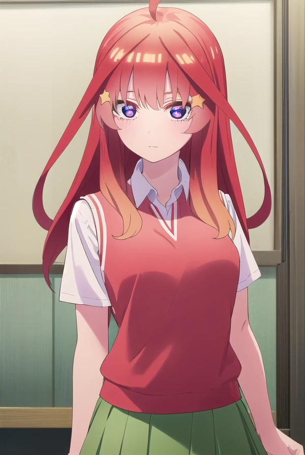 itsukinakano, <lora:itsuki nakano s2-lora-nochekaiser:1>,
itsuki nakano, bangs, blue eyes, hair between eyes, ahoge, red hair, star \(symbol\), hair ornament, star hair ornament,
BREAK skirt, shirt, school uniform, collarbone, white shirt, short sleeves, pleated skirt, socks, collared shirt, miniskirt, kneehighs, white socks, (green skirt:1.5), sweater vest, (red sweater vest:1.5),
BREAK indoors, classroom,
BREAK looking at viewer, (cowboy shot:1.5),
BREAK <lyco:GoodHands-beta2:1>, (masterpiece:1.2), best quality, high resolution, unity 8k wallpaper, (illustration:0.8), (beautiful detailed eyes:1.6), extremely detailed face, perfect lighting, extremely detailed CG, (perfect hands, perfect anatomy),