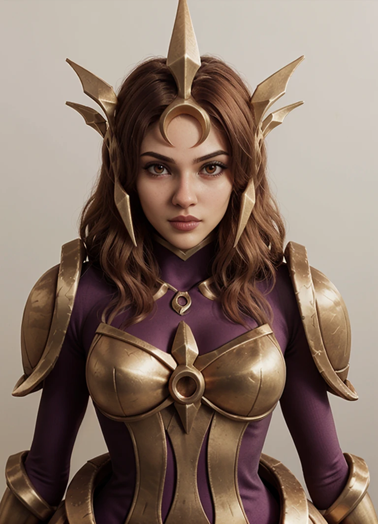 1girl, leonalol, brown wavy hair, headgear crown, ((official leona_(league_of_legends))), ((gold armored purple dress)), headshot, portrait, ((white background)),
