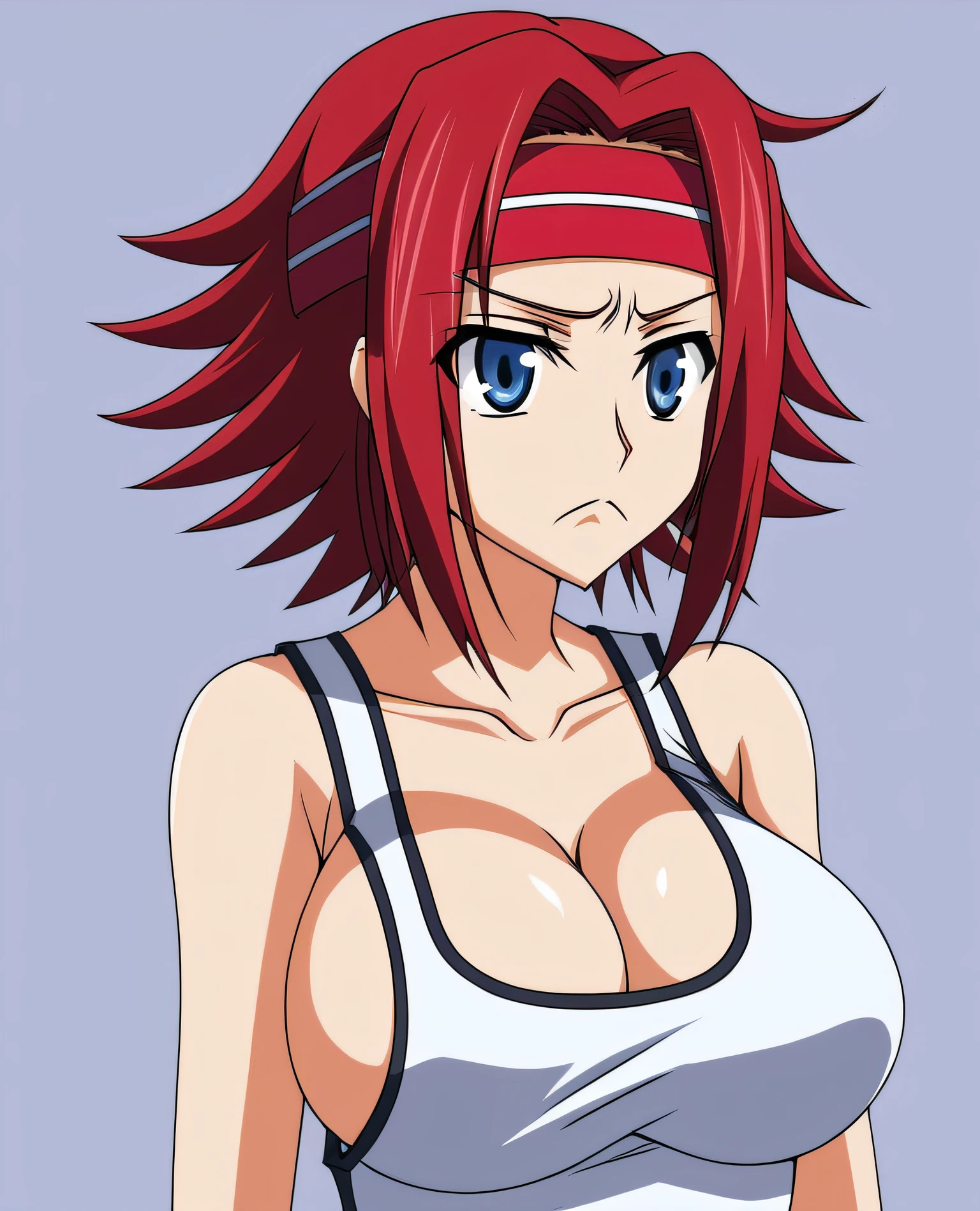 Kallen, 1girl,solo,breasts,short hair,blue eyes,large breasts,cleavage,bare shoulders,medium breasts,red hair,sleeveless,sideboob,red headband,frown,tank top,flipped hair,kallen stadtfeld <lora:Kallen:0.7>