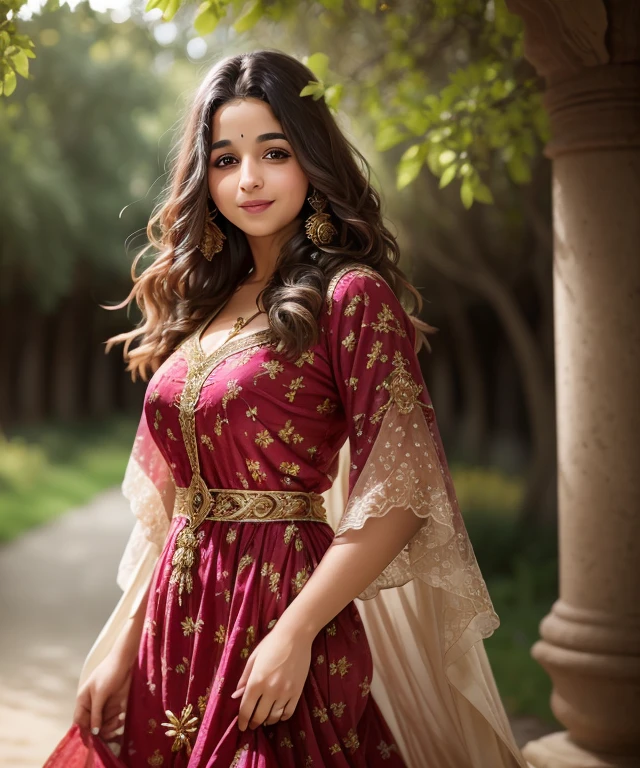 a3l1bh3 , ((blurred nature, outdoor)), (close portrait photo), Indian dress,  intricate, smile, realistic