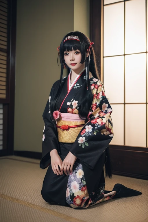 ltra-detailed,highly detailed,best quality,masterpiece,illustration,realistic,photorealistic,
renge, 1girl, solo,
japanese clothes, kimono, floral print, sash, obi, long sleeves, wide sleeves,
very long hair, bangs, straight hair, hair ribbon, hairband, hair ornament,
seiza, sitting, looking at viewer, full body, hands on lap, own hands together,
indoors, on floor, wooden floor, kneeling,
<lora:renge_v2_06:0.9>