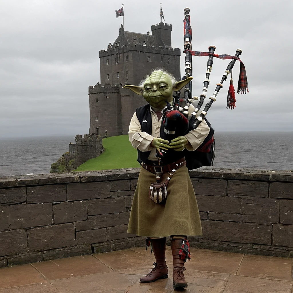 (Yoda playing bgpps) standing on the battlements of a scottish highland castle, bgpps, bagpipes, castle, highlands, rain,  High quality 3D rendering, fantasy, Pixar 3D character design style, ZBrush high-polygon modeling,
